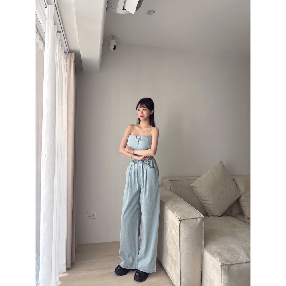 Wei.Hsin_（現貨）抹胸排釦牛仔寬褲套裝#807-細節圖6