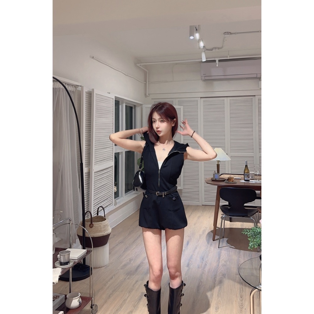 Wei.Hsin_（現貨）【 法式高級感 】  小香風，帶帽無袖顯瘦高級黑色連體褲#3048-細節圖6