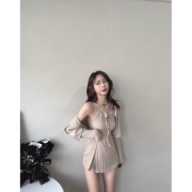 Wei Hsin ♡ (現貨）秋冬新款💫 厚羊毛坑條削肩罩杯背心+小外套+高腰開衩褲裙#4158-細節圖6