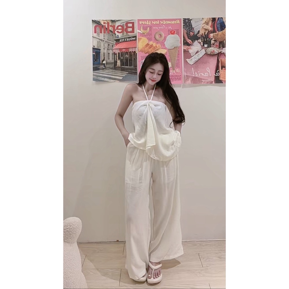 WS.STUDIO （現貨）一套穿出渡假氛圍感 平口綁脖上衣+高腰落地寬褲 套裝#3008-細節圖3