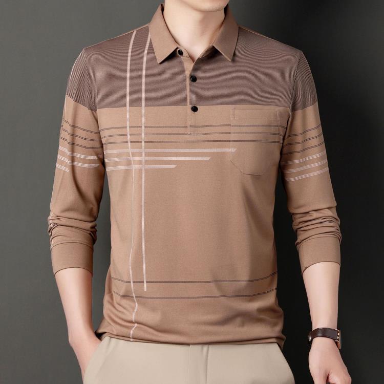 長袖T恤 其力男裝秋季印花POLO衫t恤男2023新款休閒條紋翻領上衣男式-細節圖3