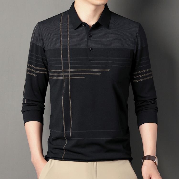 長袖T恤 其力男裝秋季印花POLO衫t恤男2023新款休閒條紋翻領上衣男式-細節圖4