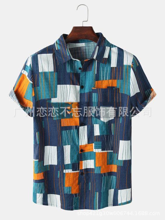 歐美民族風棉麻男襯衫夏新款翻領格子短袖爆款男襯衣-細節圖2