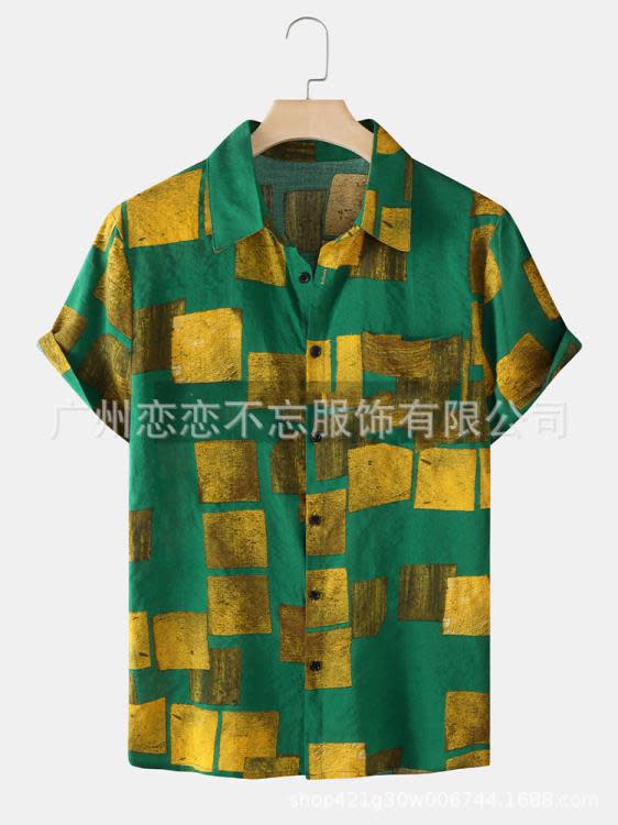 歐美民族風棉麻男襯衫夏新款翻領格子短袖爆款男襯衣-細節圖4