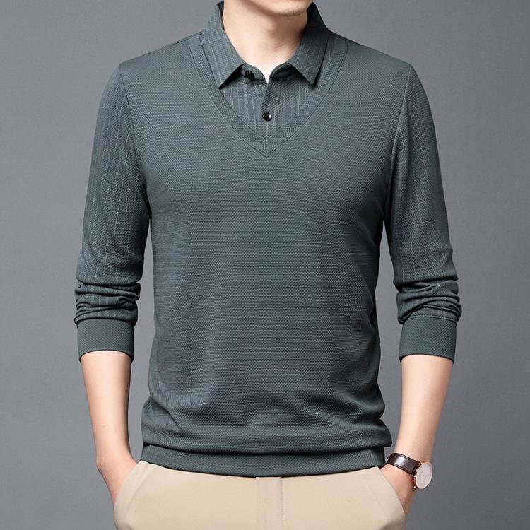 長袖T恤 其力男裝春季男士假二件2023商務休閒條紋印花中年翻領t恤男-細節圖2