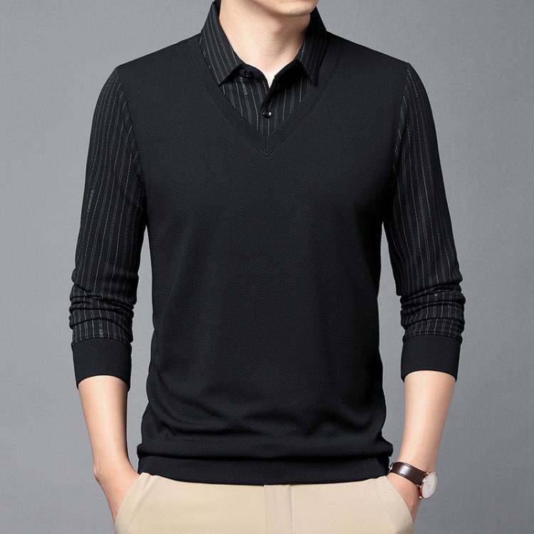 長袖T恤 其力男裝春季男士假二件2023商務休閒條紋印花中年翻領t恤男-細節圖3