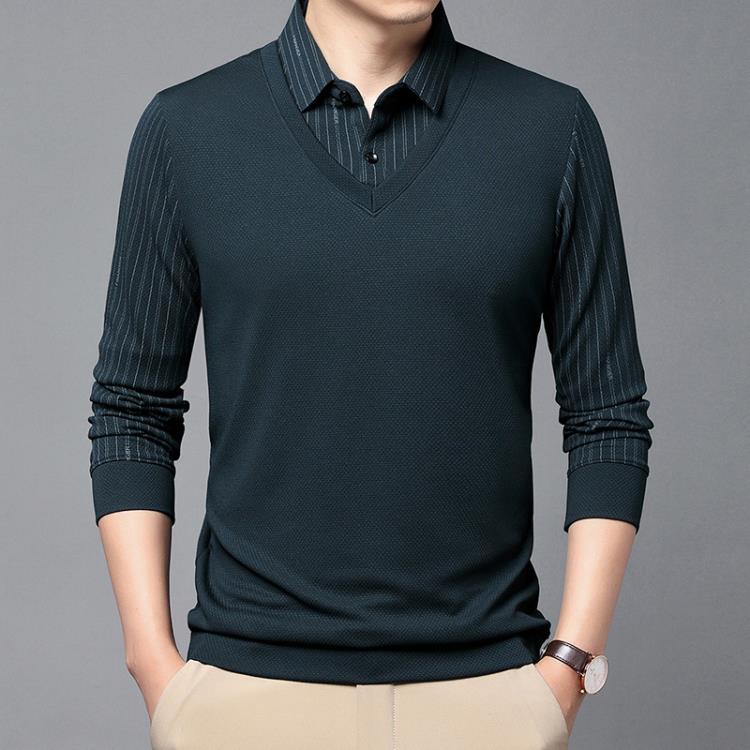 長袖T恤 其力男裝春季男士假二件2023商務休閒條紋印花中年翻領t恤男-細節圖4