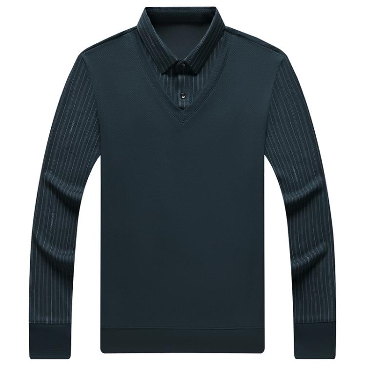 長袖T恤 其力男裝春季男士假二件2023商務休閒條紋印花中年翻領t恤男-細節圖5