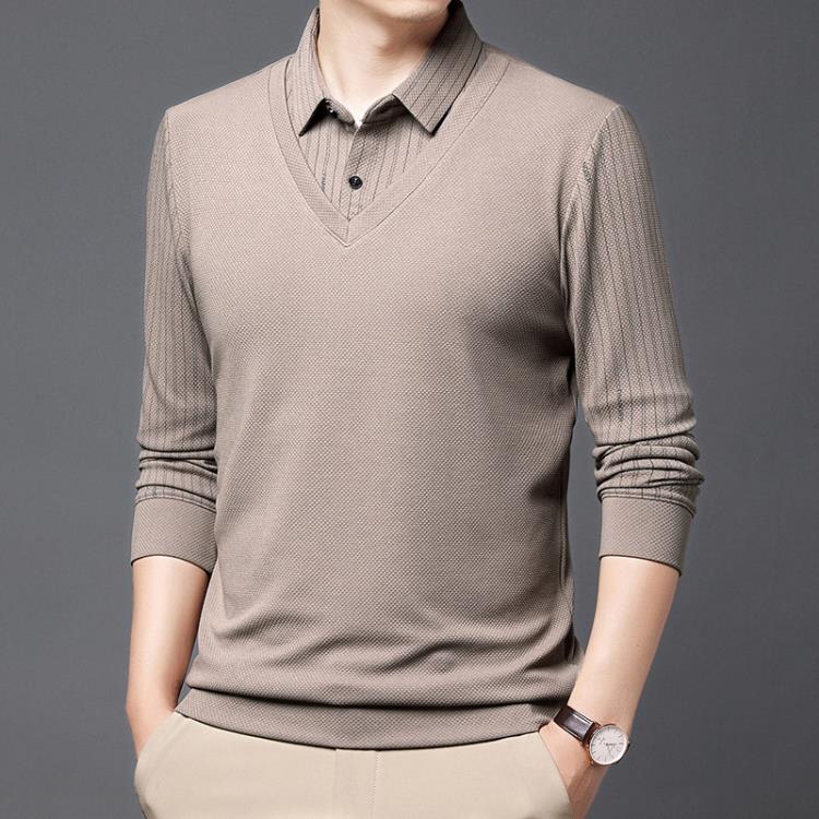 長袖T恤 其力男裝春季男士假二件2023商務休閒條紋印花中年翻領t恤男-細節圖6