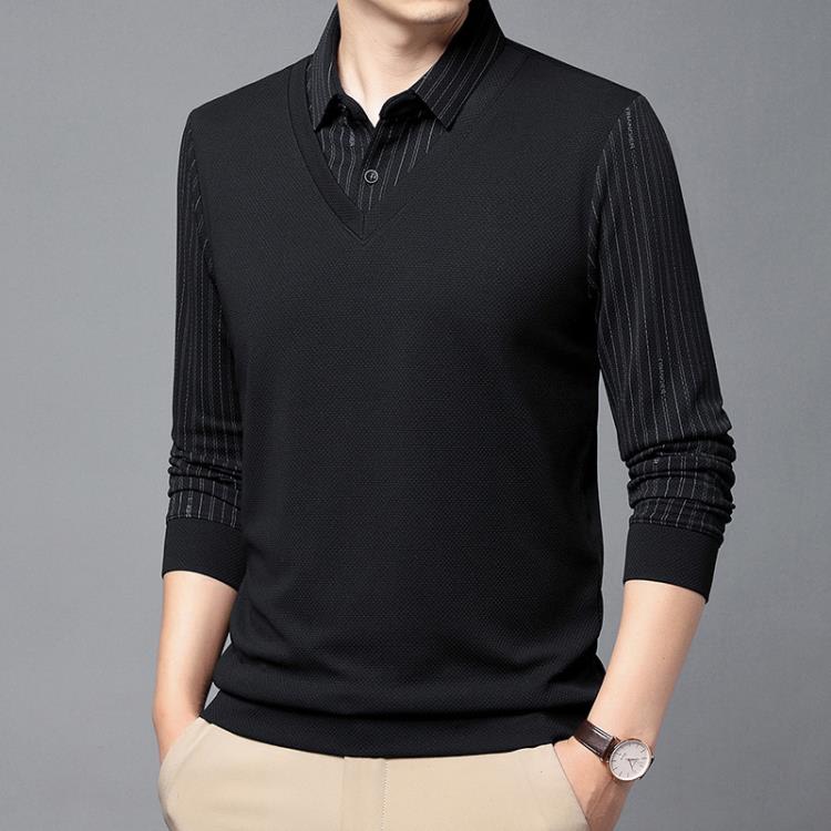 長袖T恤 其力男裝春季男士假二件2023商務休閒條紋印花中年翻領t恤男-細節圖7