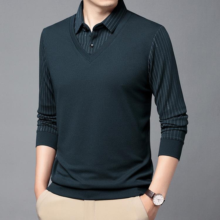 長袖T恤 其力男裝春季男士假二件2023商務休閒條紋印花中年翻領t恤男-細節圖8