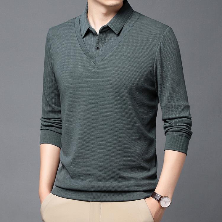 長袖T恤 其力男裝春季男士假二件2023商務休閒條紋印花中年翻領t恤男-細節圖9