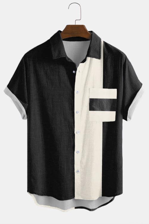 夏季新款男裝高街創意拼色條紋系列3D數碼印花寬松短袖襯衫-細節圖3