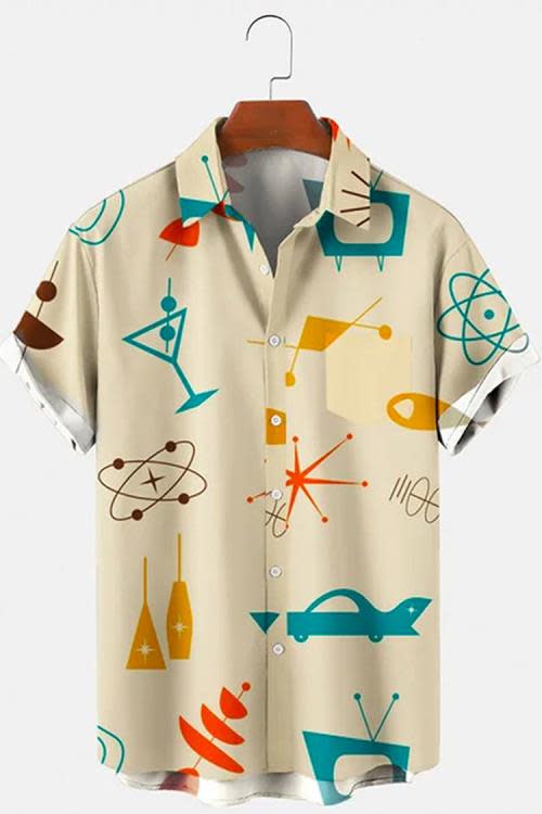 夏季新款男裝高街創意拼色條紋系列3D數碼印花寬松短袖襯衫-細節圖6