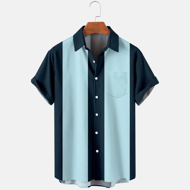 夏季新款男裝高街創意拼色條紋系列3D數碼印花寬松短袖襯衫-細節圖7