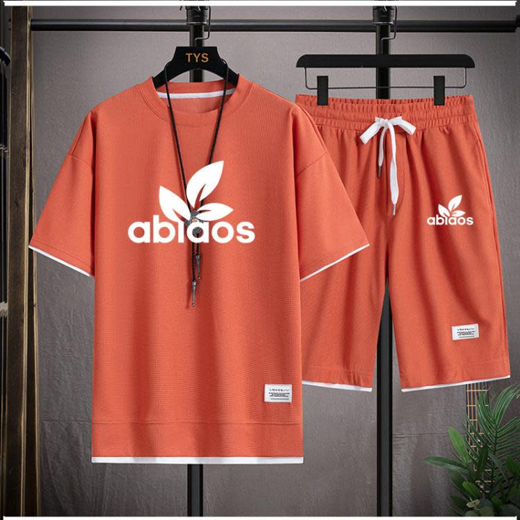 短袖T恤 男裝夏季休閒套裝華夫格運動套裝男百搭寬松加大透氣短褲男潮-細節圖2