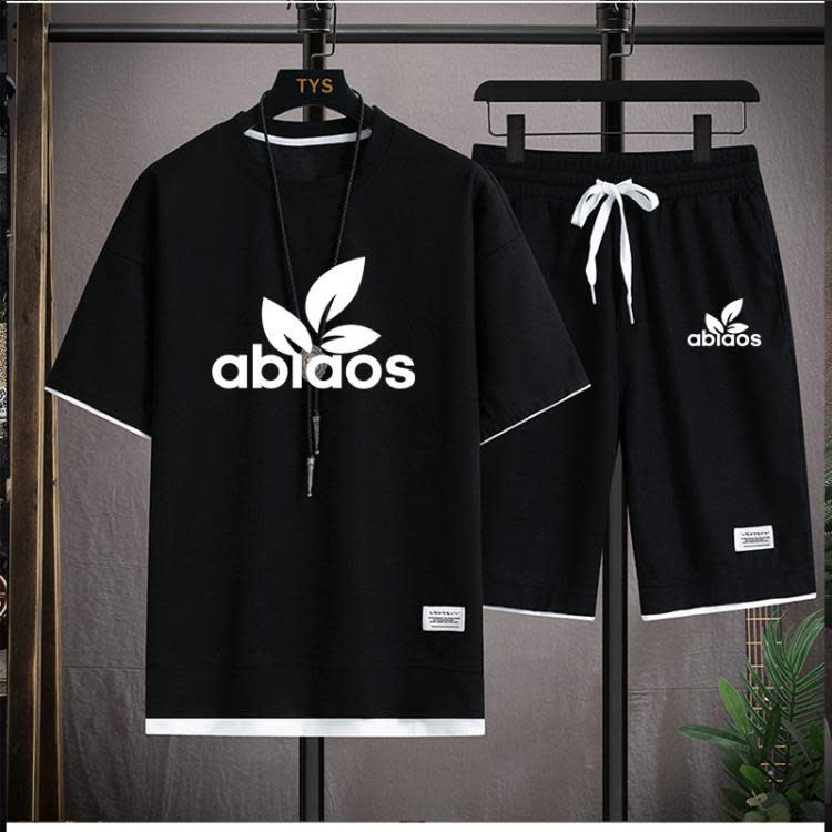 短袖T恤 男裝夏季休閒套裝華夫格運動套裝男百搭寬松加大透氣短褲男潮-細節圖3
