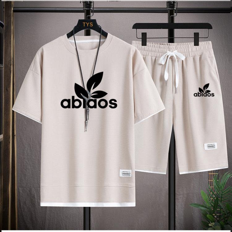 短袖T恤 男裝夏季休閒套裝華夫格運動套裝男百搭寬松加大透氣短褲男潮-細節圖5