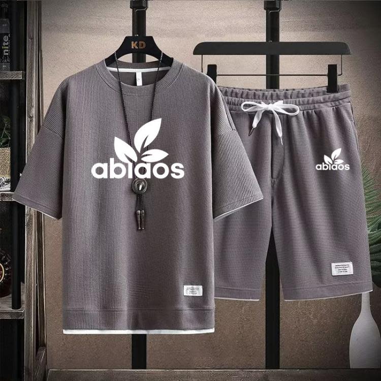短袖T恤 男裝夏季休閒套裝華夫格運動套裝男百搭寬松加大透氣短褲男潮-細節圖6