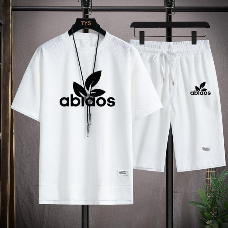 短袖T恤 男裝夏季休閒套裝華夫格運動套裝男百搭寬松加大透氣短褲男潮-細節圖7