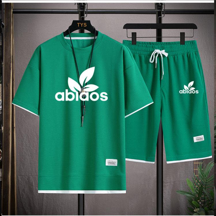 短袖T恤 男裝夏季休閒套裝華夫格運動套裝男百搭寬松加大透氣短褲男潮-細節圖8