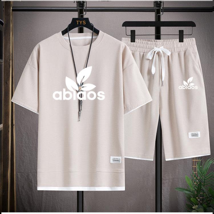 短袖T恤 男裝夏季休閒套裝華夫格運動套裝男百搭寬松加大透氣短褲男潮-細節圖9