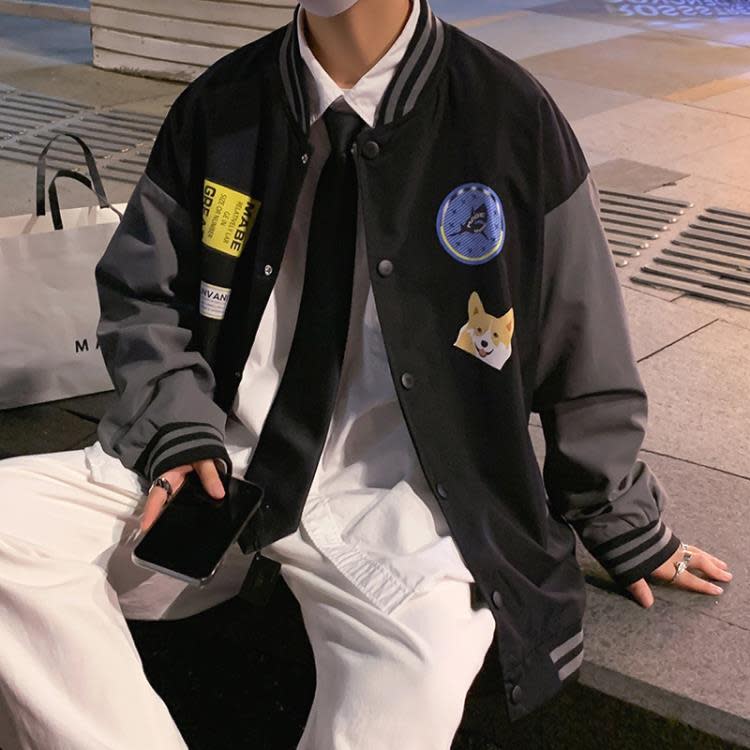 春秋新款夾克男裝香港寬松潮流拼接印花青少年正韓休閒夾克外套潮-細節圖2