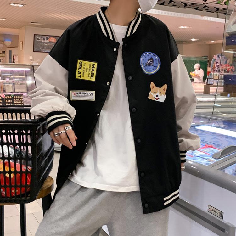 春秋新款夾克男裝香港寬松潮流拼接印花青少年正韓休閒夾克外套潮-細節圖5