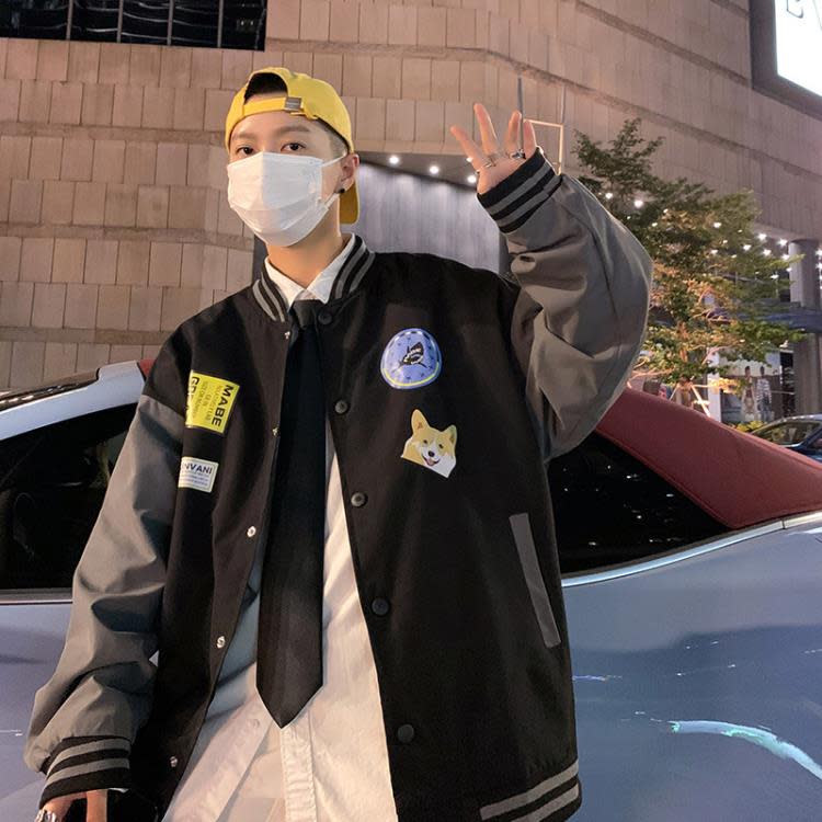 春秋新款夾克男裝香港寬松潮流拼接印花青少年正韓休閒夾克外套潮-細節圖6