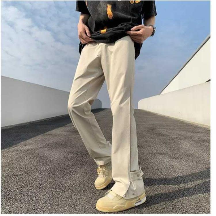長褲 美式微喇小眾個性拼接排扣休閒褲男生潮牌寬松直筒褲子男顯瘦-細節圖4