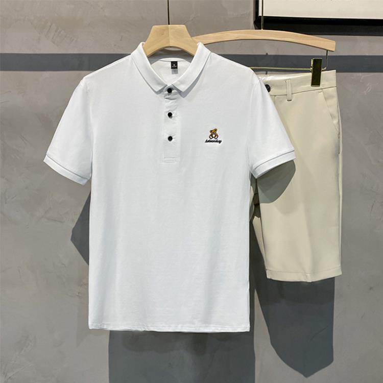 短袖T恤 夏季新款男士Polo衫簡約休閒翻領小熊繡花工作服廠服-細節圖2