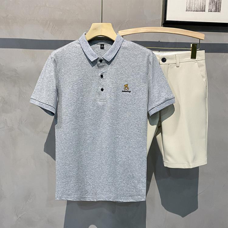 短袖T恤 夏季新款男士Polo衫簡約休閒翻領小熊繡花工作服廠服-細節圖6