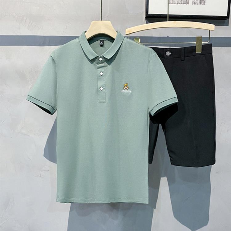 短袖T恤 夏季新款男士Polo衫簡約休閒翻領小熊繡花工作服廠服-細節圖7