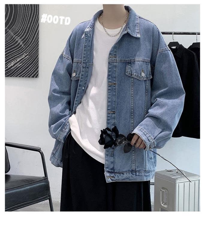 潮牌春秋季寬松純色牛仔外套男士潮流正韓夾克個性香港ins上衣服-細節圖2