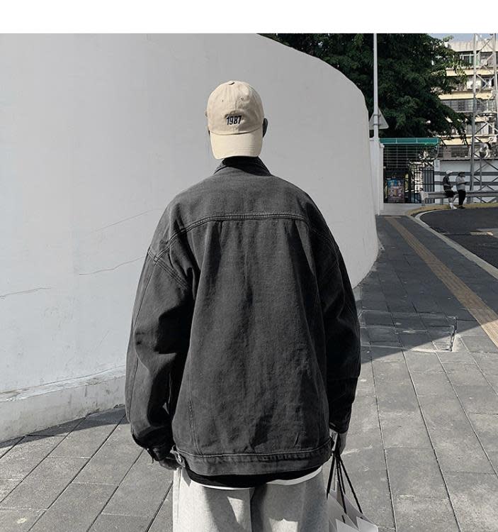 潮牌春秋季寬松純色牛仔外套男士潮流正韓夾克個性香港ins上衣服-細節圖4