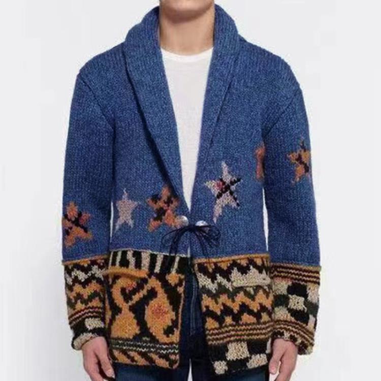 毛衣 男裝 秋冬款提花針織衫 翻領中長款開衫外套SY0027-細節圖2