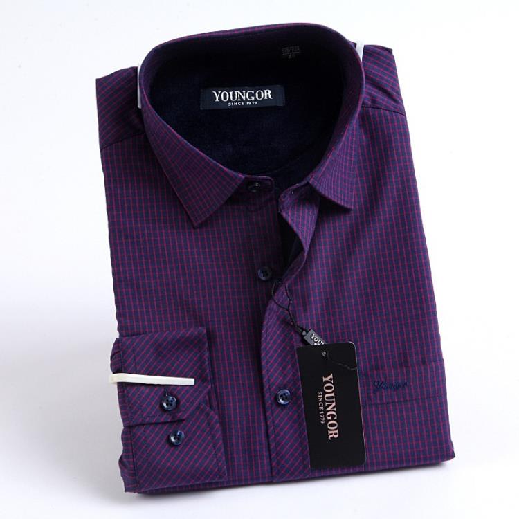 品牌秋冬季新款加絨加厚長袖襯衫男士青年款襯衣修身保暖格子襯衫-細節圖4