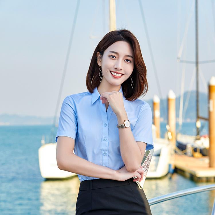 白襯衫女短袖2023夏季新款正韓修身顯瘦職業正裝工作服v領襯衣女-細節圖2