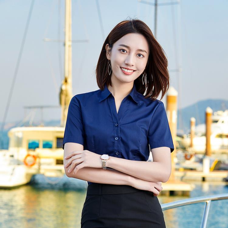 白襯衫女短袖2023夏季新款正韓修身顯瘦職業正裝工作服v領襯衣女-細節圖3