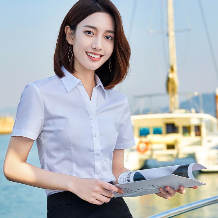 白襯衫女短袖2023夏季新款正韓修身顯瘦職業正裝工作服v領襯衣女-細節圖4