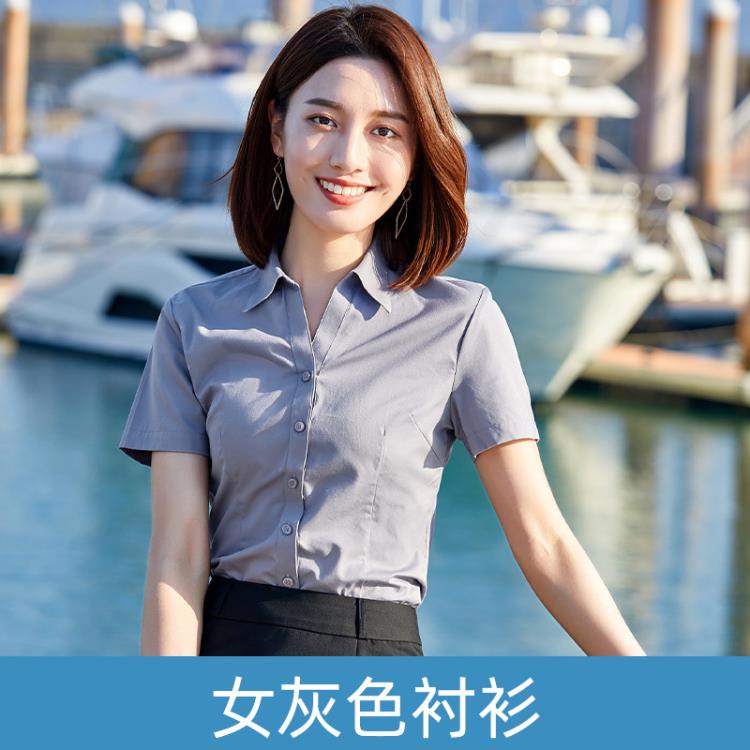 白襯衫女短袖2023夏季新款正韓修身顯瘦職業正裝工作服v領襯衣女-細節圖6