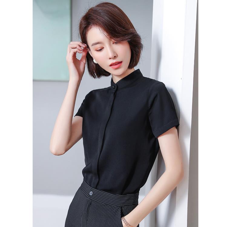 小立領襯衫女短袖白色襯衣職業工裝夏季新款百搭氣質西裝內搭上衣-細節圖2