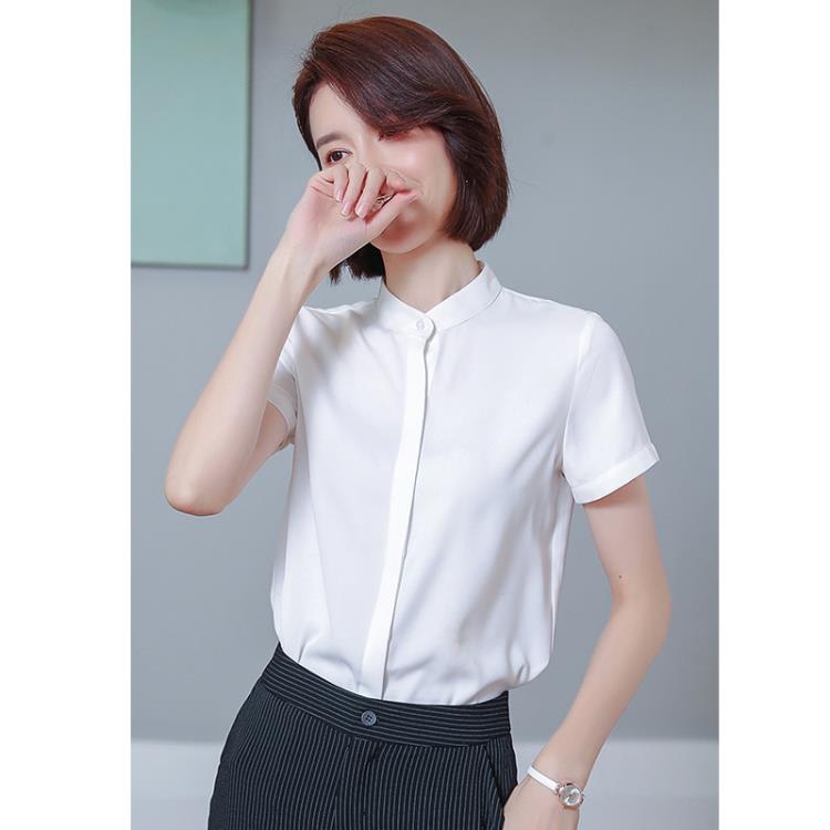 小立領襯衫女短袖白色襯衣職業工裝夏季新款百搭氣質西裝內搭上衣-細節圖3