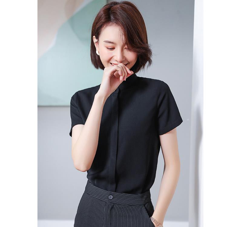 小立領襯衫女短袖白色襯衣職業工裝夏季新款百搭氣質西裝內搭上衣-細節圖4
