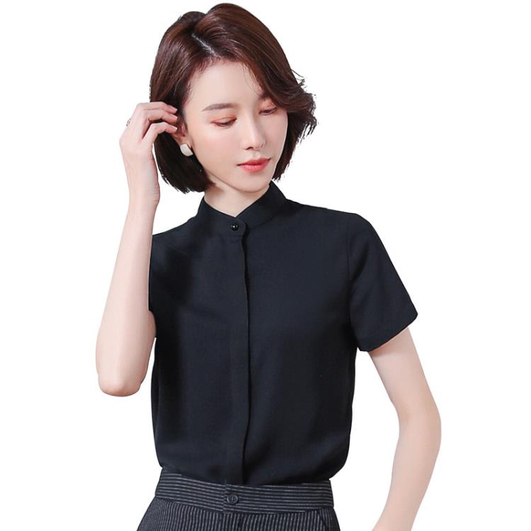 小立領襯衫女短袖白色襯衣職業工裝夏季新款百搭氣質西裝內搭上衣-細節圖5