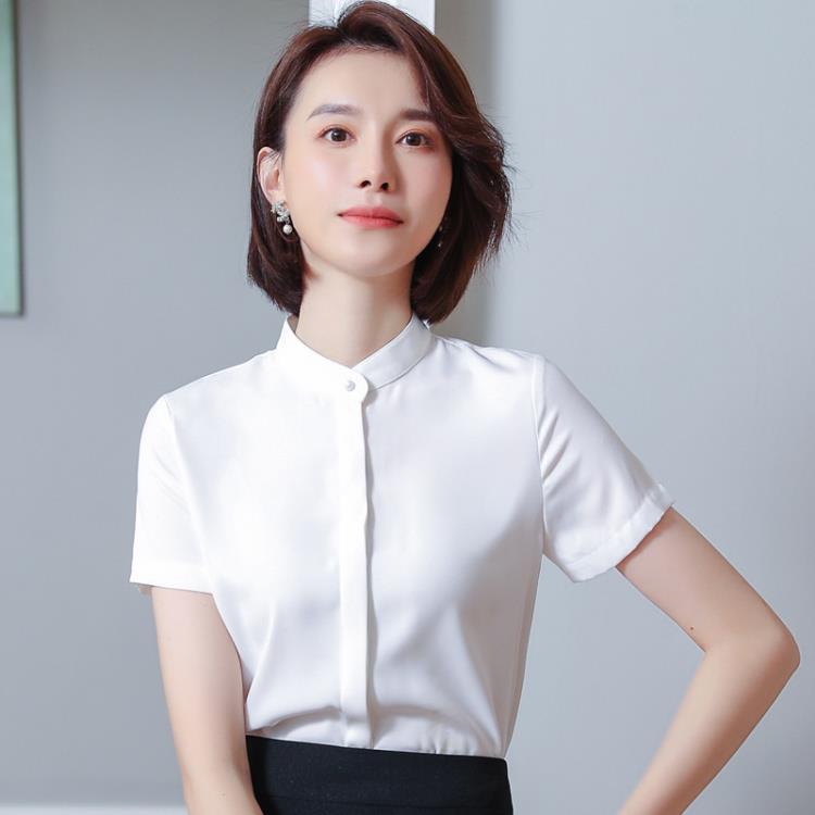 小立領襯衫女短袖白色襯衣職業工裝夏季新款百搭氣質西裝內搭上衣-細節圖7