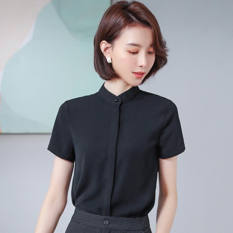 小立領襯衫女短袖白色襯衣職業工裝夏季新款百搭氣質西裝內搭上衣-細節圖8