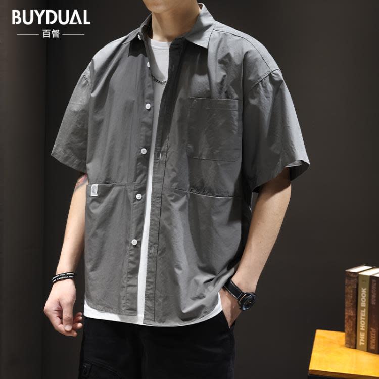 襯衫 夏季薄款棉質短袖男潮牌寬松大碼日系工裝半袖男裝痞帥襯衣潮-細節圖2