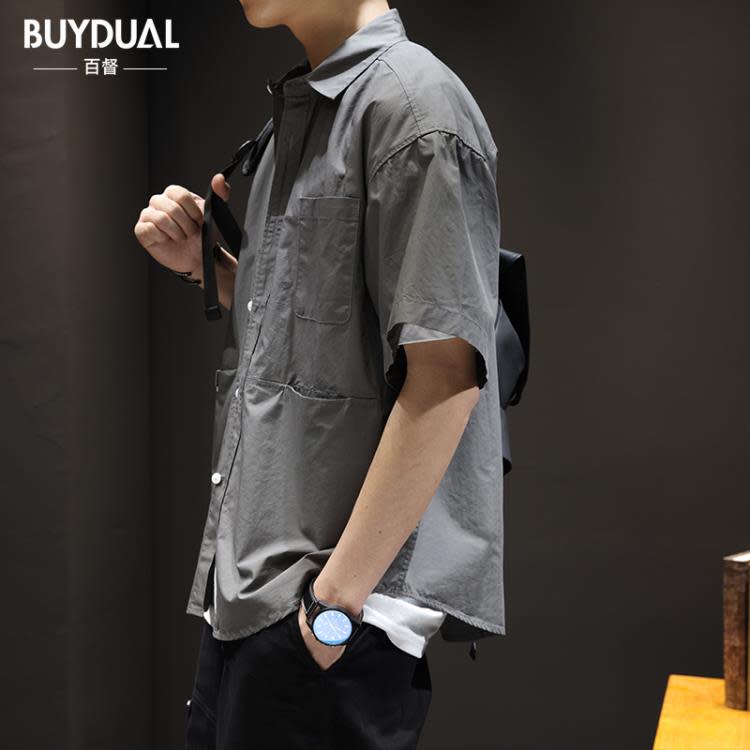 襯衫 夏季薄款棉質短袖男潮牌寬松大碼日系工裝半袖男裝痞帥襯衣潮-細節圖3