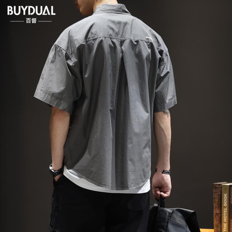 襯衫 夏季薄款棉質短袖男潮牌寬松大碼日系工裝半袖男裝痞帥襯衣潮-細節圖4